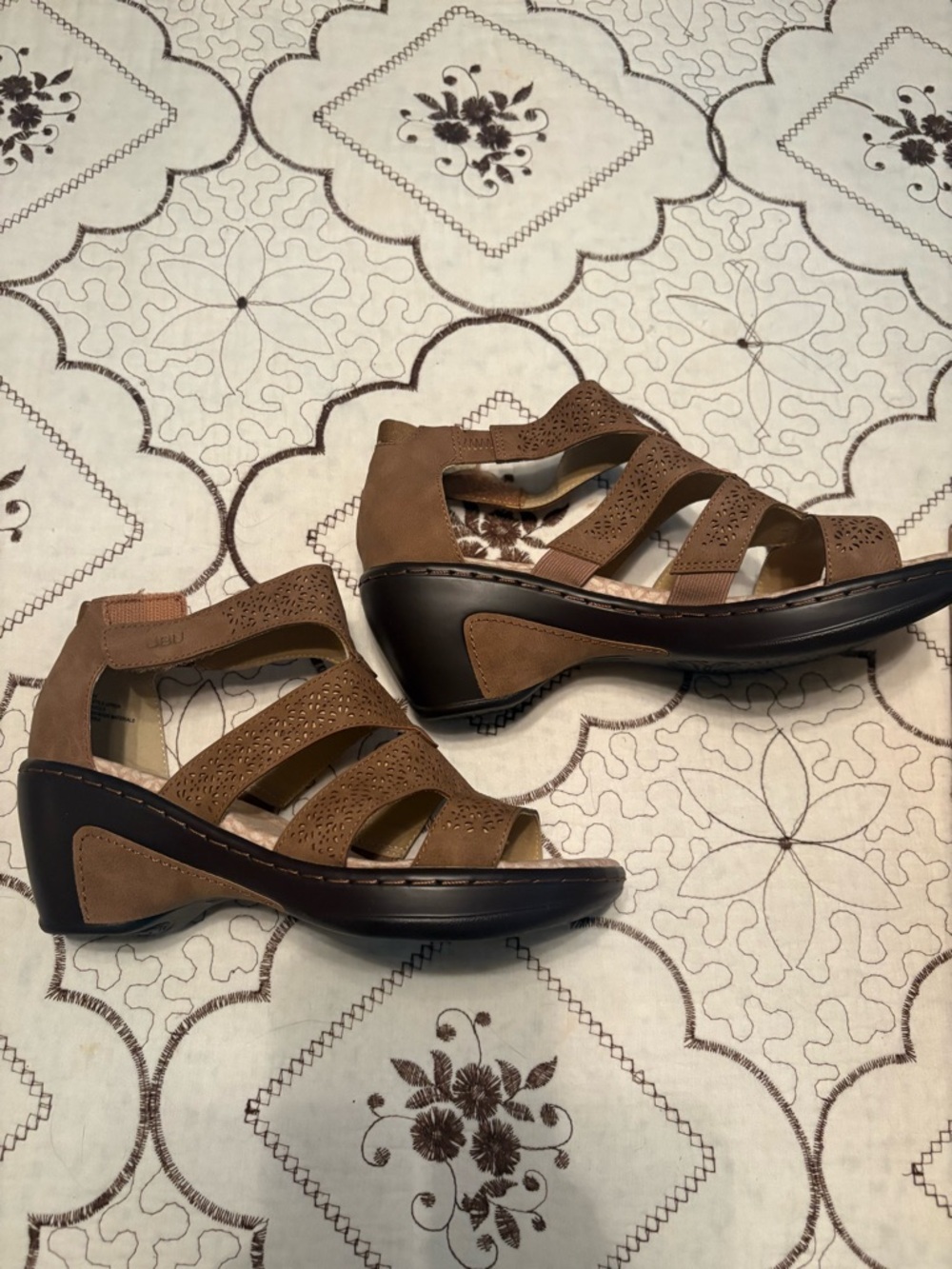JBU Brown Laser-Cut Strappy Wedge Sandals
